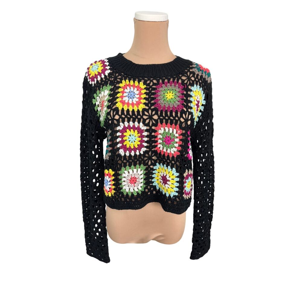 Debut Crochet Sweater Black Colorful Small grandma squares